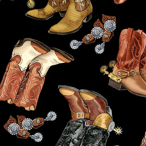 Black Charcoal Cowboy Boots Yellowstone Cotton Wideback Fabric per yard