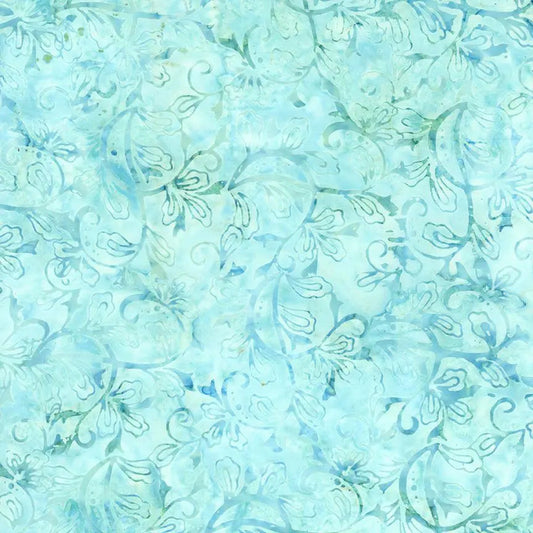 Green Aqua Shore Swirl Tropical Leaves Batik Cotton Wideback Fabric per yard