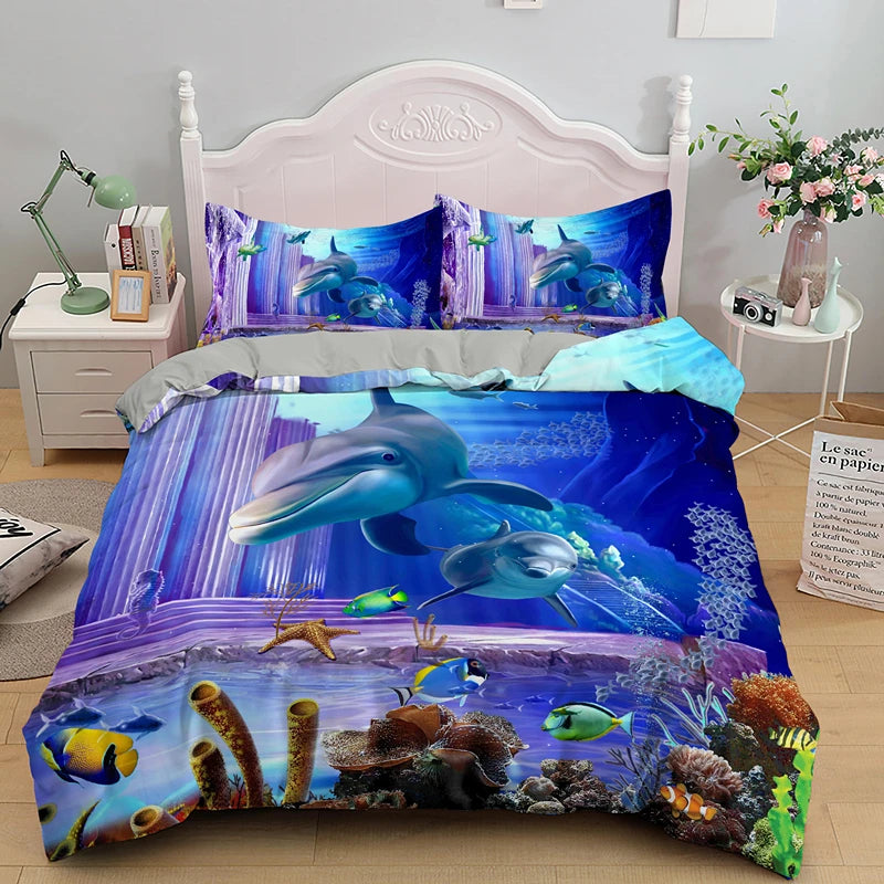 3D Dolphin In Blue Sea Queen King Size Bedding Sets Animal Single Quilt Duvet Cover Set Kids Adult Bed Linen Bedclothes