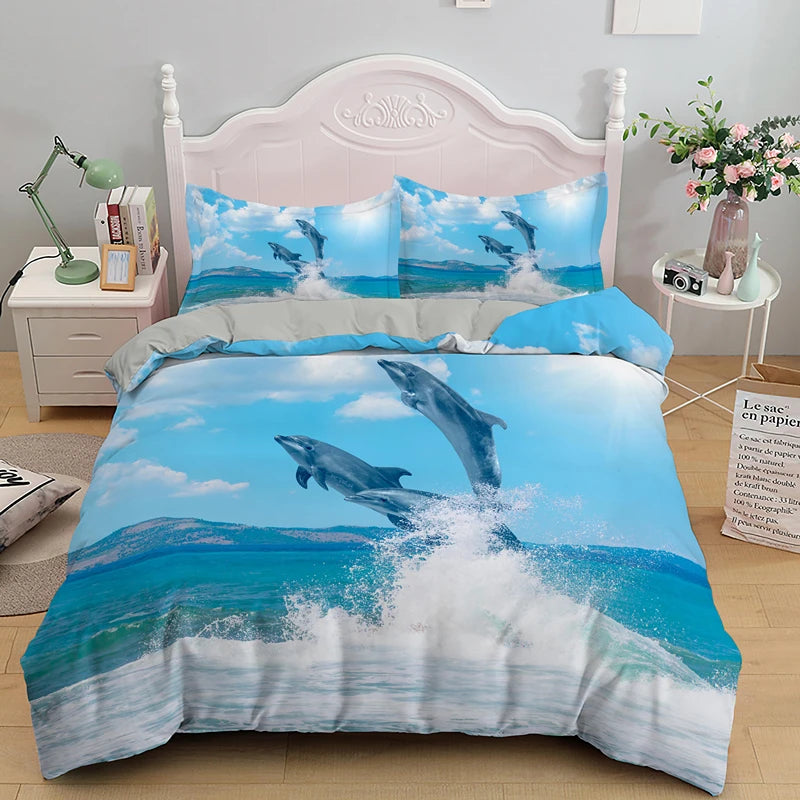 3D Dolphin In Blue Sea Queen King Size Bedding Sets Animal Single Quilt Duvet Cover Set Kids Adult Bed Linen Bedclothes