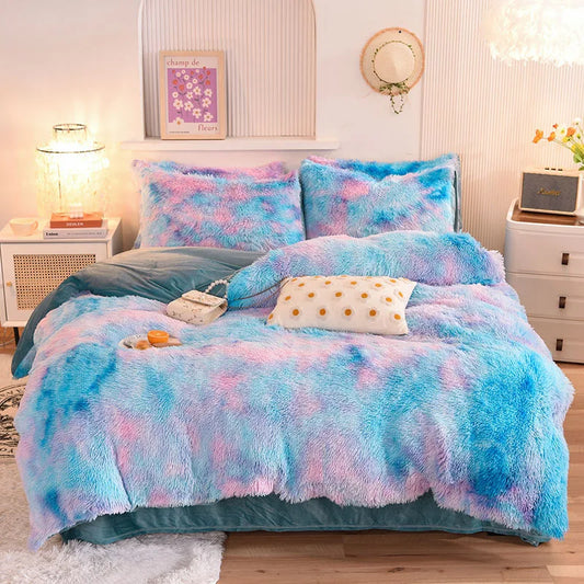 Shaggy Fluffy Duvet Cover Set Bed Comforter Quilt Cover Velvety Bedding Set Comforter Cover with Pillowcases with Zipper Closure