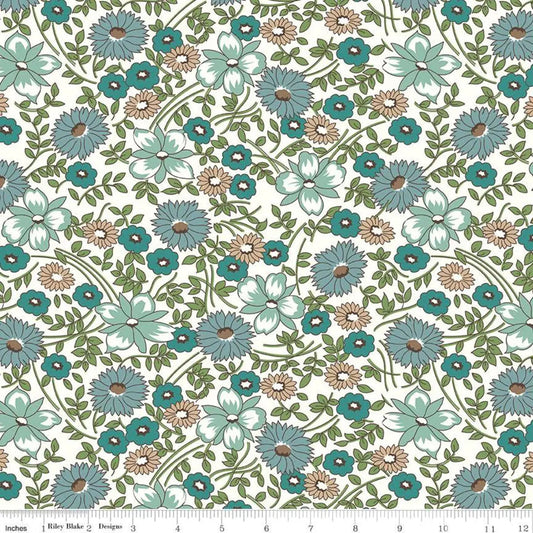 Natural Teal Prairie Flower Wideback Fabric per yard